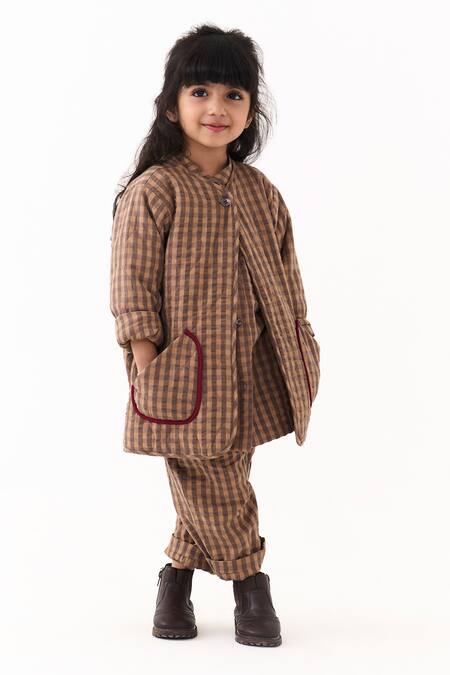 Three_Brown Piping Check Pattern Jacket _Online_at_Aza_Fashions