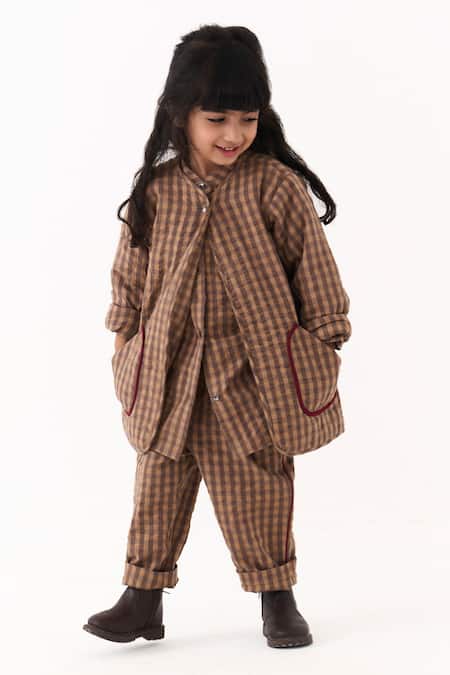 Shop_Three_Brown Piping Check Pattern Jacket _Online_at_Aza_Fashions
