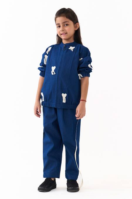 Three_Blue Denim Embroidery Bomber Jacket _at_Aza_Fashions