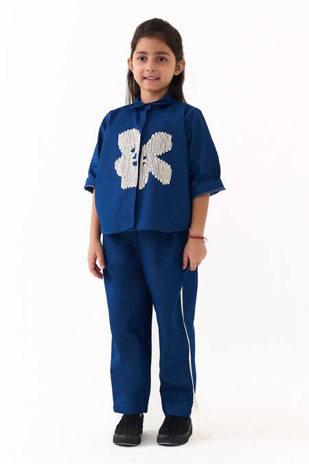 Three_Blue Denim Embroidery Floral Shirt _at_Aza_Fashions