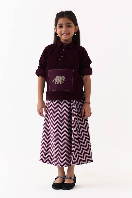 Buy_Three_Wine Corduroy Embroidery, Patchwork Top _Online_at_Aza_Fashions