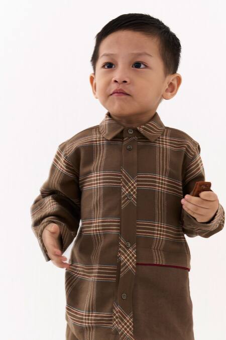 Three_Brown Applique Cedar Chequered Pattern Shirt With Pant _Online_at_Aza_Fashions