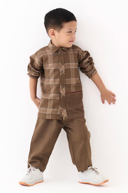 Three_Brown Applique Cedar Chequered Pattern Shirt With Pant _at_Aza_Fashions