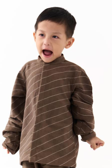 Three_Brown Embroidery, Applique Linear Abstract Shirt And Pant Set _Online_at_Aza_Fashions