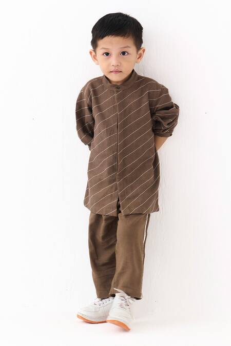 Three_Brown Embroidery, Applique Linear Abstract Shirt And Pant Set _at_Aza_Fashions