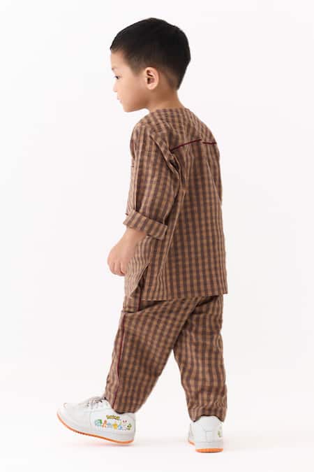 Three Caramel Chequered Pattern Kurta With Pant 