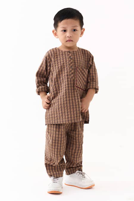 Buy Three Brown Applique Caramel Chequered Pattern Kurta With Pant Online at Aza Fashions Buy_Three_Brown Applique Caramel Chequered Pattern Kurta With Pant _Online_at_Aza_Fashions