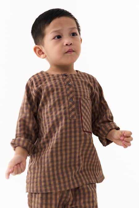 Buy Three Brown Applique Caramel Chequered Pattern Kurta With Pant Buy_Three_Brown Applique Caramel Chequered Pattern Kurta With Pant