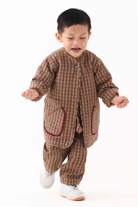 Three_Brown Muslin Applique Caramel Quilted Jacket Pant Set _Online_at_Aza_Fashions