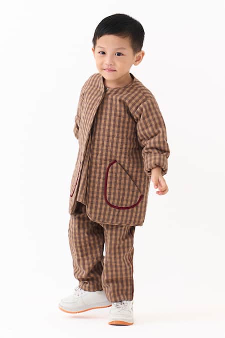 Buy_Three_Brown Muslin Applique Caramel Quilted Jacket Pant Set _Online_at_Aza_Fashions