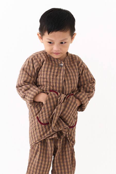 Three_Brown Muslin Applique Caramel Quilted Jacket Pant Set _at_Aza_Fashions