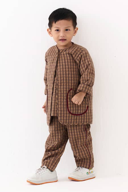 Buy_Three_Brown Muslin Applique Caramel Quilted Jacket Pant Set 