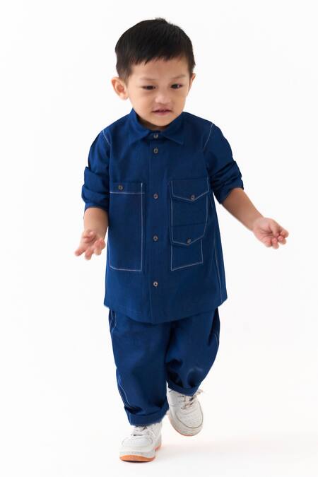 Three_Blue Denim Double Patch Pocket Shirt And Pant Set _Online_at_Aza_Fashions