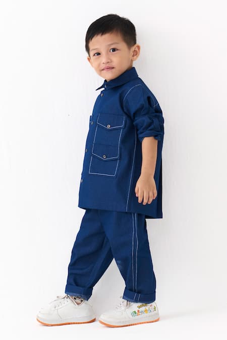 Buy_Three_Blue Denim Double Patch Pocket Shirt And Pant Set _Online_at_Aza_Fashions