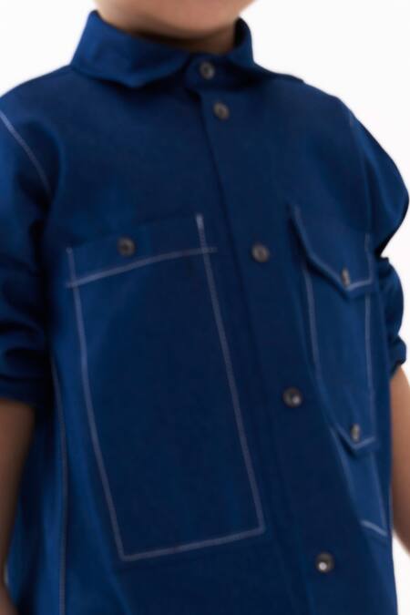 Three_Blue Denim Double Patch Pocket Shirt And Pant Set _at_Aza_Fashions