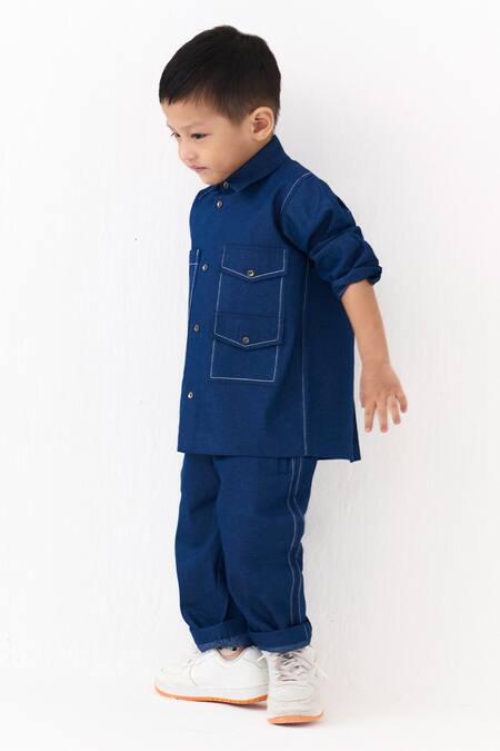 Buy_Three_Blue Denim Double Patch Pocket Shirt And Pant Set 