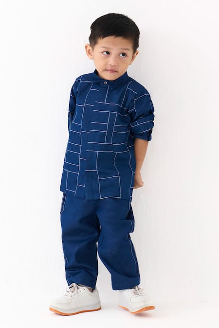 Three_Blue Denim Embroidery Grid Shirt With Pant _Online_at_Aza_Fashions