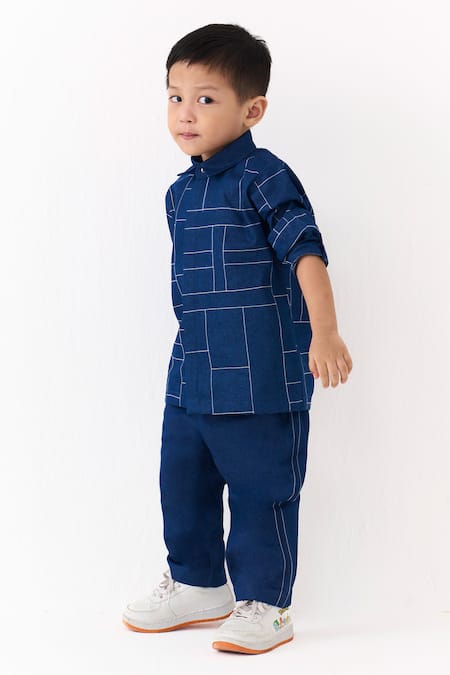 Buy_Three_Blue Denim Embroidery Grid Shirt With Pant _Online_at_Aza_Fashions