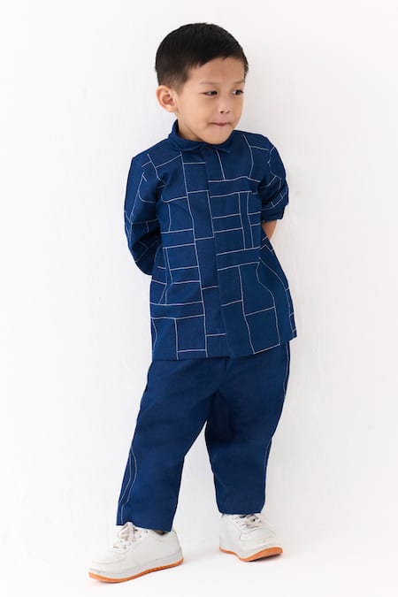 Shop_Three_Blue Denim Embroidery Grid Shirt With Pant _Online_at_Aza_Fashions