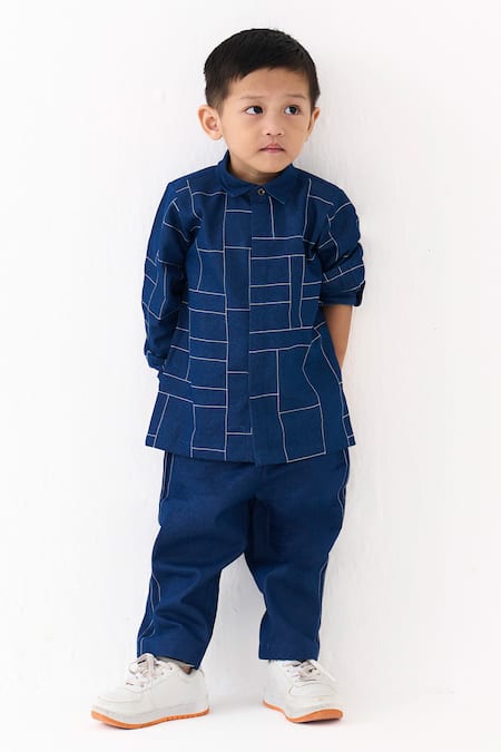 Three_Blue Denim Embroidery Grid Shirt With Pant _at_Aza_Fashions