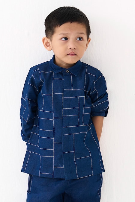 Buy_Three_Blue Denim Embroidery Grid Shirt With Pant 