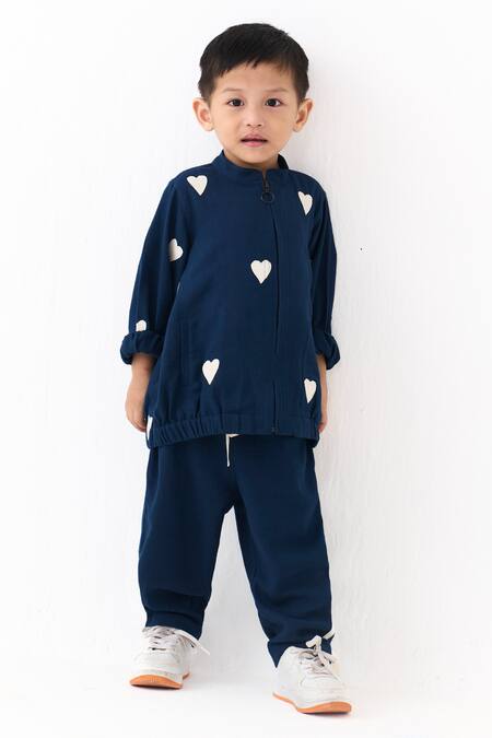 Three_Navy Embroidery Heart Bomber Jacket With Pant _at_Aza_Fashions