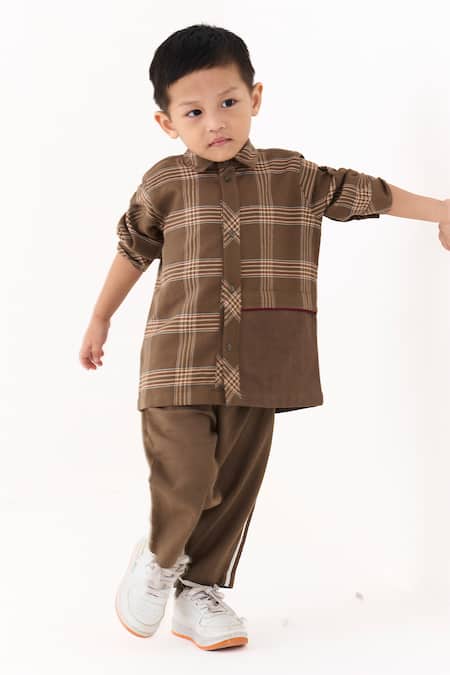 Three_Brown Plaid And Solid Melange Shirt _Online_at_Aza_Fashions