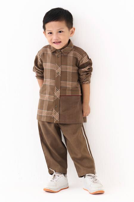 Shop_Three_Brown Plaid And Solid Melange Shirt _Online_at_Aza_Fashions