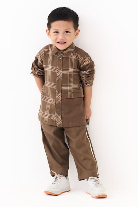 Three_Brown Plaid And Solid Melange Shirt _at_Aza_Fashions