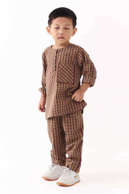 Buy_Three_Brown Checked Mul Kurta _Online_at_Aza_Fashions