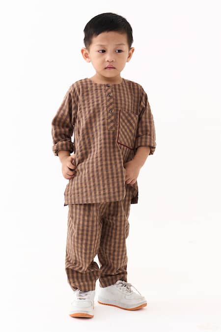 Three_Brown Checked Mul Kurta _at_Aza_Fashions