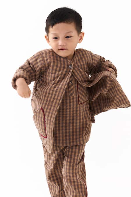 Shop_Three_Brown Gingham Pattern Jacket _Online_at_Aza_Fashions