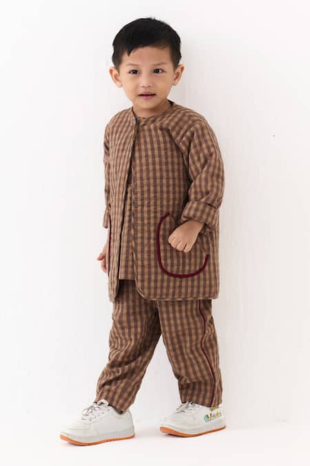 Three_Brown Gingham Pattern Jacket _at_Aza_Fashions