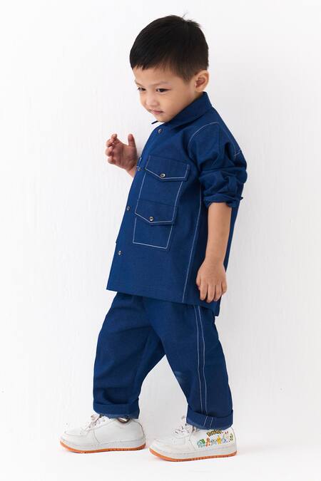 Three_Blue Denim Contrast Stitch Shirt _at_Aza_Fashions