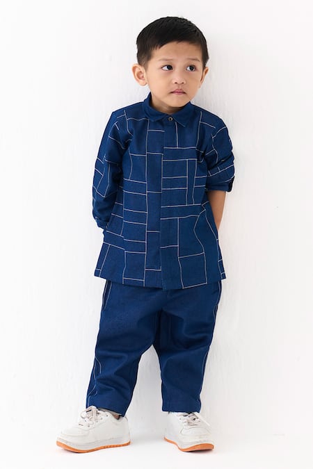 Three_Blue Denim Embroidery Geometric Line Work Shirt _Online_at_Aza_Fashions