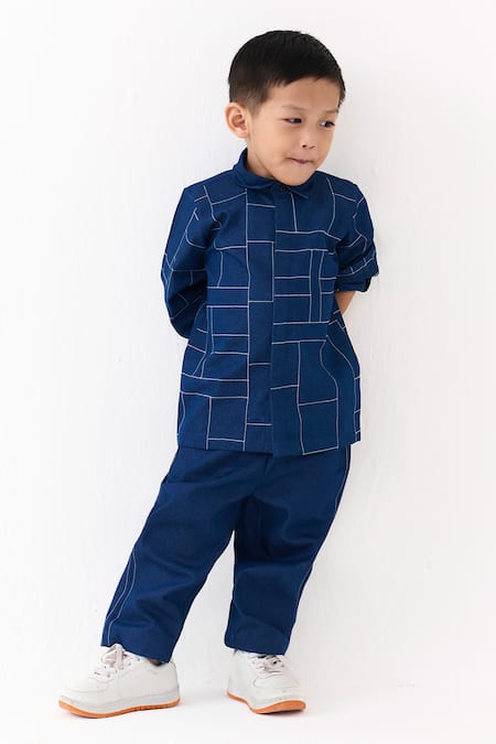 Shop_Three_Blue Denim Embroidery Geometric Line Work Shirt _Online_at_Aza_Fashions