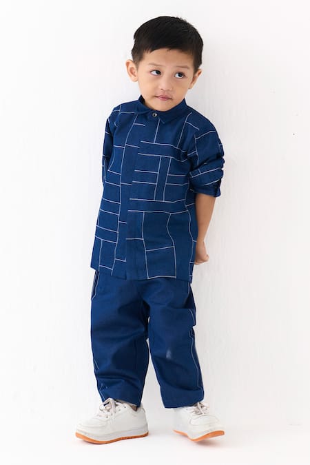 Three_Blue Denim Embroidery Geometric Line Work Shirt _at_Aza_Fashions