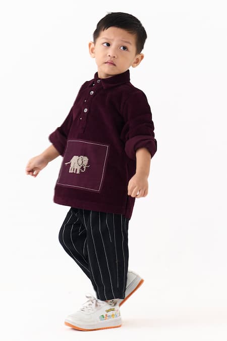Buy_Three_Wine Corduroy Embroidery Elephant Motif Shirt _Online_at_Aza_Fashions