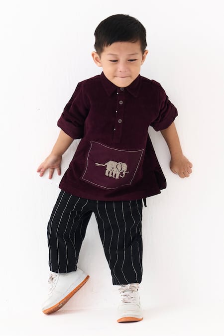 Shop_Three_Wine Corduroy Embroidery Elephant Motif Shirt _Online_at_Aza_Fashions