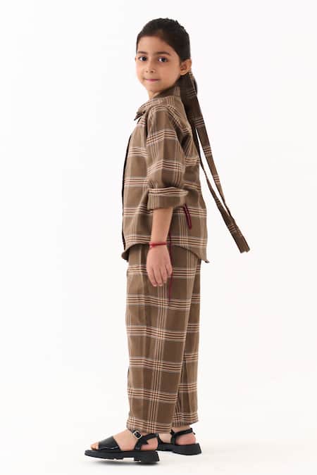 Three Brown Applique Cedar Check Shirt And Pant Set Online at Aza Fashions Three_Brown Applique Cedar Check Shirt And Pant Set _Online_at_Aza_Fashions
