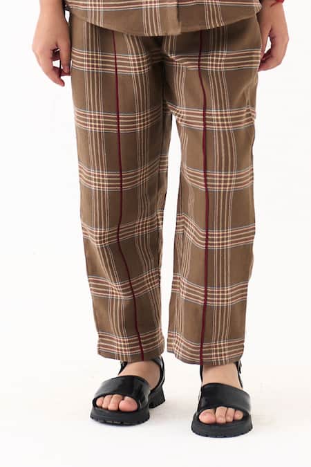 Shop Three Brown Applique Cedar Check Shirt And Pant Set Online at Aza Fashions Shop_Three_Brown Applique Cedar Check Shirt And Pant Set _Online_at_Aza_Fashions