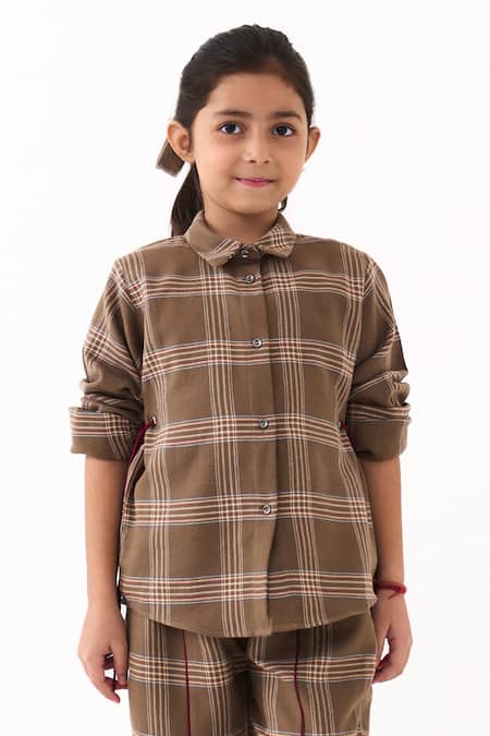 Three Brown Applique Cedar Check Shirt And Pant Set at Aza Fashions Three_Brown Applique Cedar Check Shirt And Pant Set _at_Aza_Fashions
