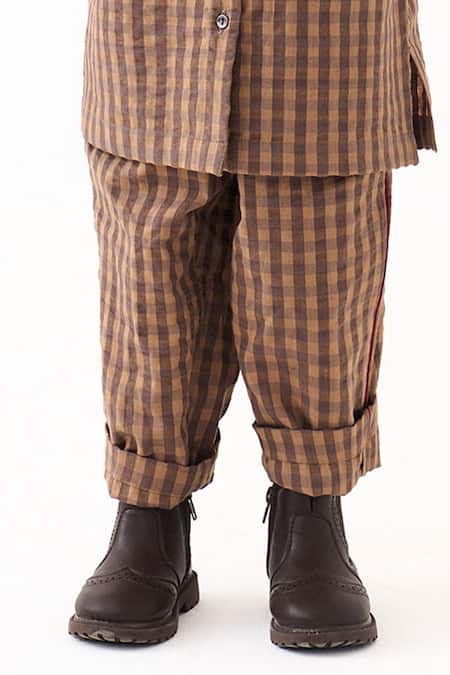 Buy_Three_Brown Piping, Applique Chequered Pattern Shirt With Pant _Online_at_Aza_Fashions