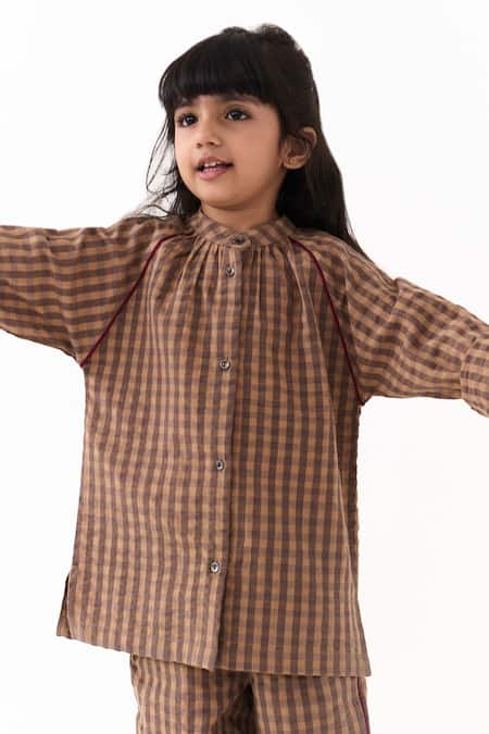 Shop_Three_Brown Piping, Applique Chequered Pattern Shirt With Pant _Online_at_Aza_Fashions