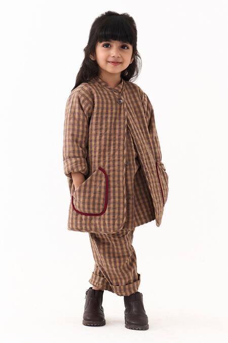 Three_Brown Muslin Piping, Applique Quilted Check Jacket And Pant Set _Online_at_Aza_Fashions