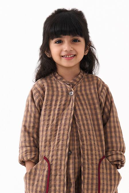 Buy_Three_Brown Muslin Piping, Applique Quilted Check Jacket And Pant Set _Online_at_Aza_Fashions