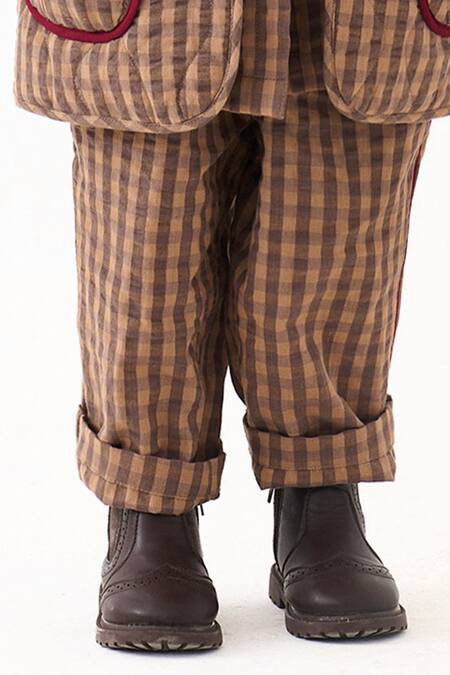 Shop_Three_Brown Muslin Piping, Applique Quilted Check Jacket And Pant Set _Online_at_Aza_Fashions