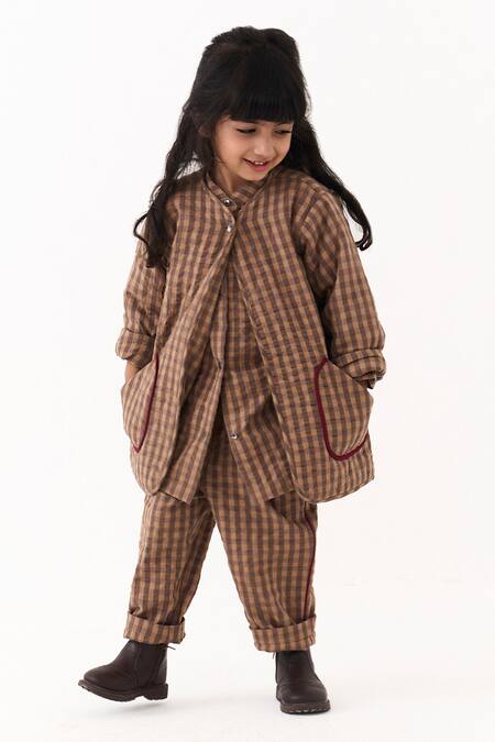 Three_Brown Muslin Piping, Applique Quilted Check Jacket And Pant Set _at_Aza_Fashions