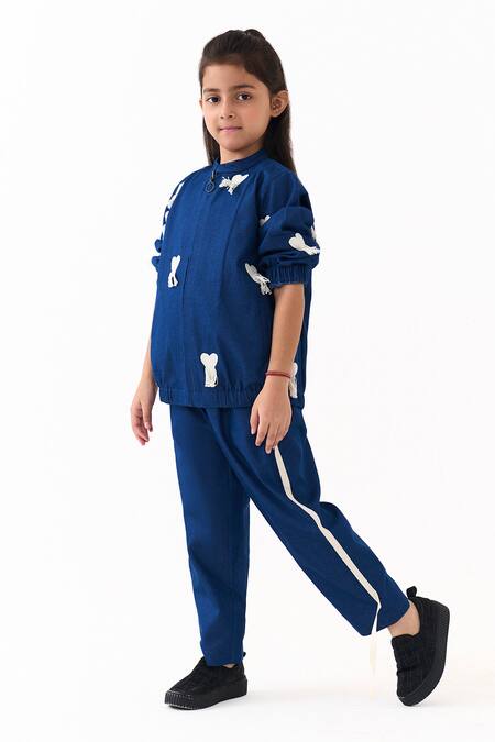 Three_Blue Denim Embroidery, Piping Bomber Jacket And Pant Set _Online_at_Aza_Fashions