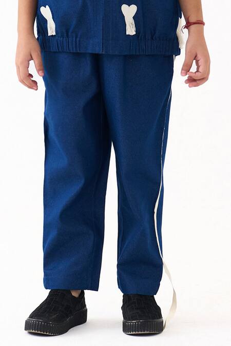 Buy_Three_Blue Denim Embroidery, Piping Bomber Jacket And Pant Set _Online_at_Aza_Fashions